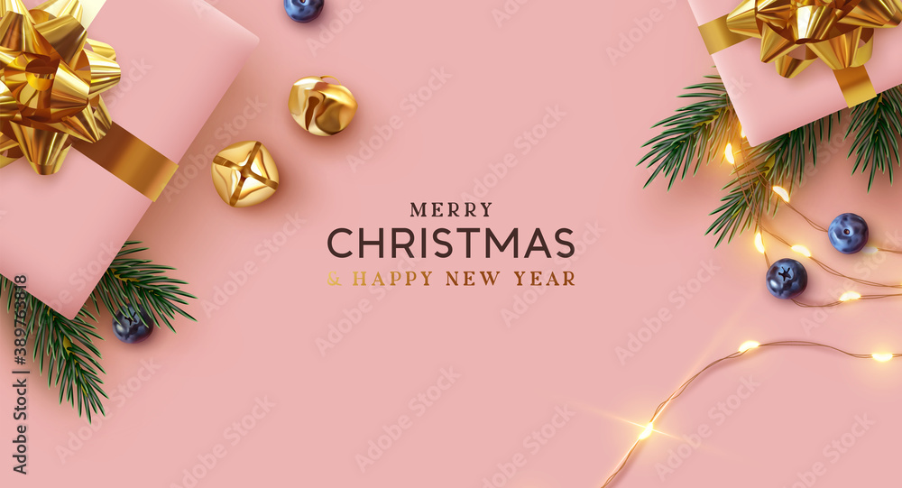 Merry Christmas and Happy New Year. Background Xmas design realistic gifts box, festive decorative objects. flat lay top view. Christmas poster, holiday banner, flyer, stylish brochure, greeting card - obrazy, fototapety, plakaty 
