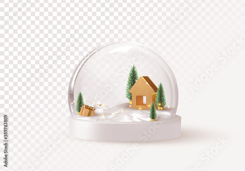 Christmas Snowball with trees and house. Glass snow globe isolated realistic 3d design. Festive Xmas object. Happy New Year and Merry Christmas. vector illustration