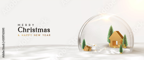 Happy New Year and Merry Christmas banner. Xmas Snowball with trees and house. Glass snow globe realistic 3d design. Festive Christmas object. vector illustration