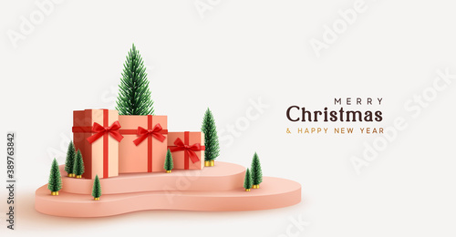 Christmas gifts on delivery podium realistic 3d objects. Xmas decorative composition. Gift card, holiday banner, poster, cover, flyer, bright brochure. Holiday winter design. New Year gifts surprise