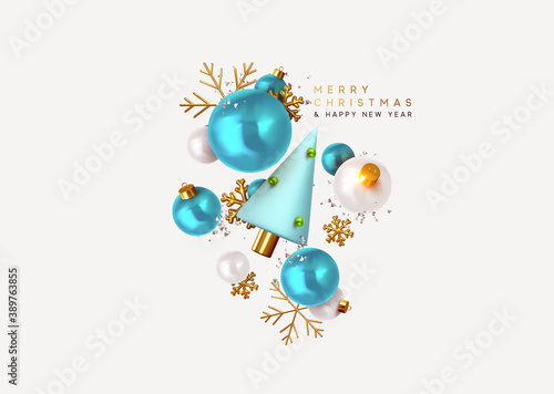 Merry Christmas and Happy New Year. Xmas Festive background with realistic 3d objects, blue and white bauble balls, conical metal christmas tree. Gold snowflake. Levitation falling design composition.