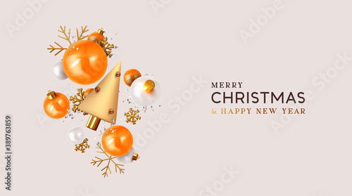 Merry Christmas and Happy New Year. Xmas Festive background with realistic 3d objects, orange and white bauble balls, conical metal christmas tree Gold snowflake. Levitation falling design composition photo