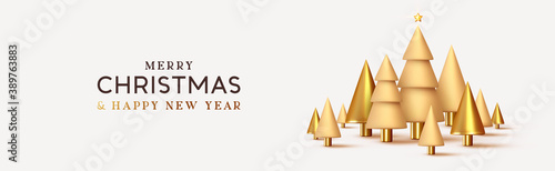 Christmas banner. Abstract design metallic 3d conical Christmas trees, pine gold and beige colors. Horizontal header for the site. Xmas objects. vector illustration