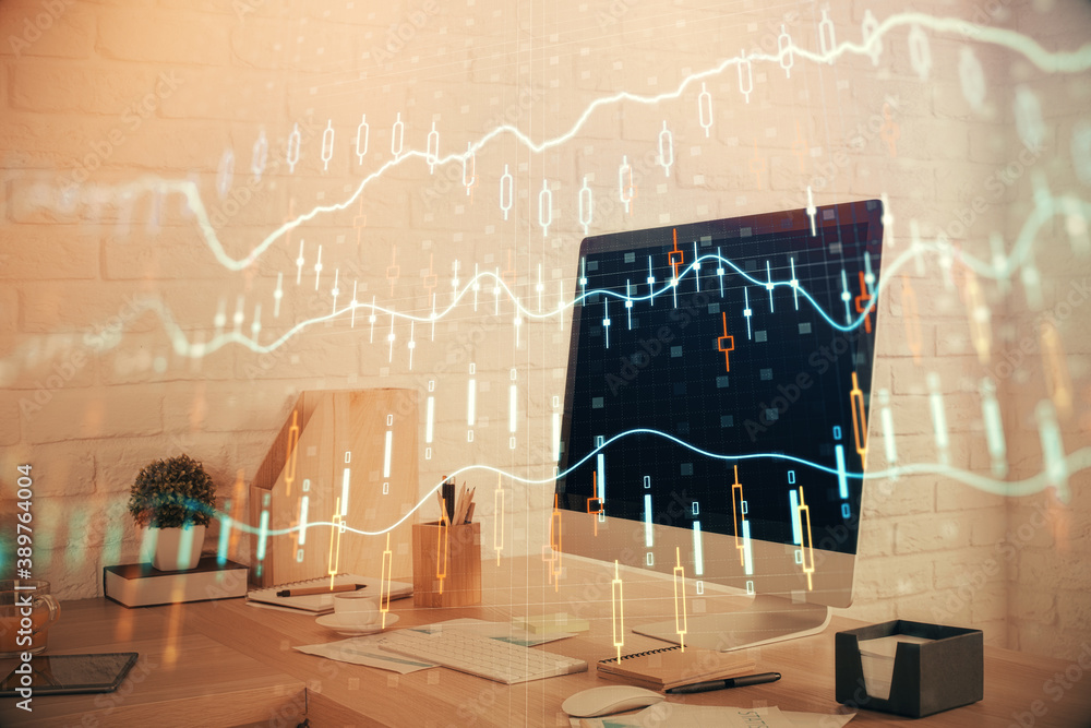 Double exposure of stock market graph drawing and office interior background. Concept of financial analysis. Double exposure of stock market graph drawing and office interior background. Concept of financial analysis.
