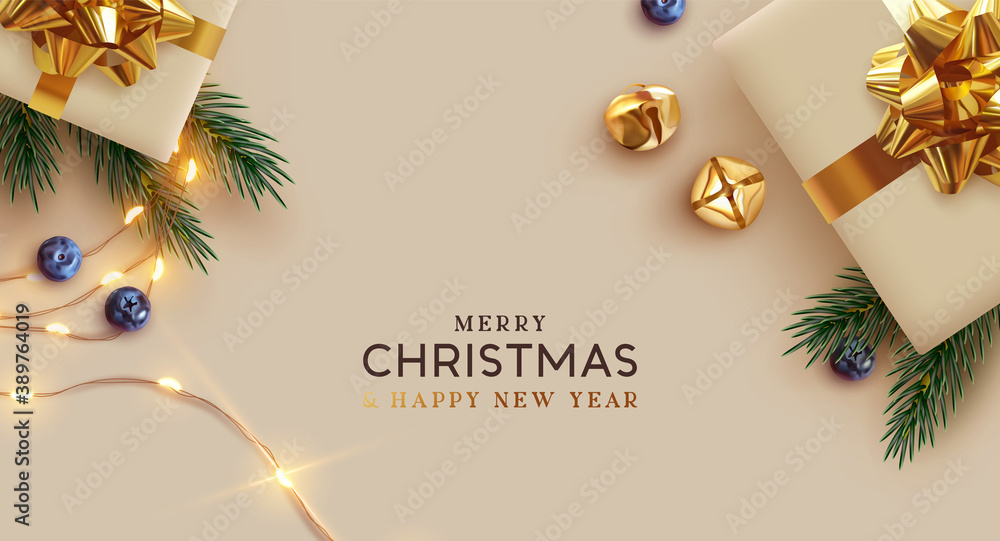 Merry Christmas and Happy New Year. Background Xmas design realistic gifts box, festive decorative objects. flat lay top view. Christmas poster, holiday banner, flyer, stylish brochure, greeting card - obrazy, fototapety, plakaty 