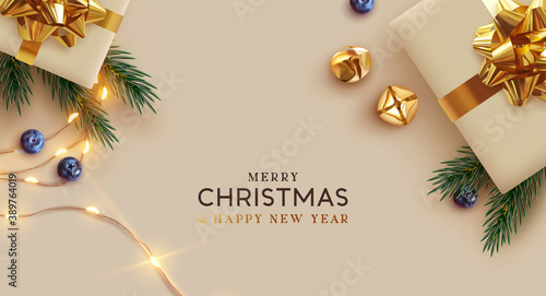 Merry Christmas and Happy New Year. Background Xmas design realistic gifts box, festive decorative objects. flat lay top view. Christmas poster, holiday banner, flyer, stylish brochure, greeting card