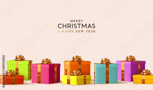 Merry Christmas and Happy New Year design. Realistic pile gifts boxes. Big lot gift box decorative festive object. Holiday banner, web poster, flyer, stylish brochure, greeting card. Xmas background