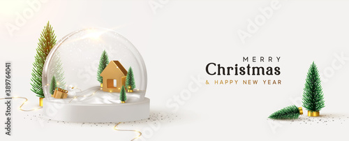 Happy New Year and Merry Christmas banner. Xmas Snowball with trees and house. Glass snow globe realistic 3d design. Festive Christmas object. vector illustration
