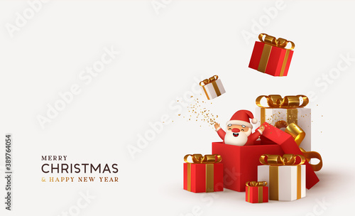 Merry christmas and Happy New Year. Realistic pile gifts boxes. Open gift box full with Santa Claus inside. Holiday banner, web poster, flyer, stylish brochure, greeting card, cover. Xmas background