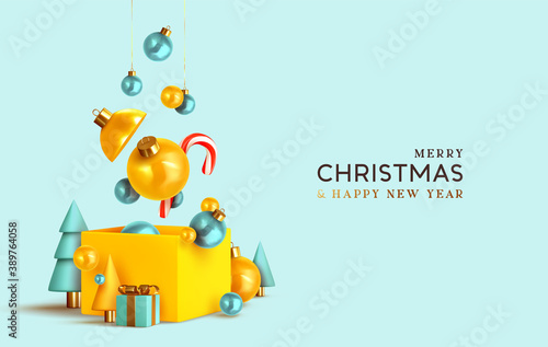 Merry Christmas and Happy New Year. Xmas design realistic abstract 3d objects. Gift box, bright bauble balls hanging from ribbon, conical pine tree, spruce, Soft yellow-blue color. vector illustration