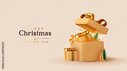 Realistic beige gifts boxes. Open gift box full of decorative festive object. New Year and Christmas design. Holiday banner, web poster, flyer, stylish brochure, greeting card, cover. Xmas background