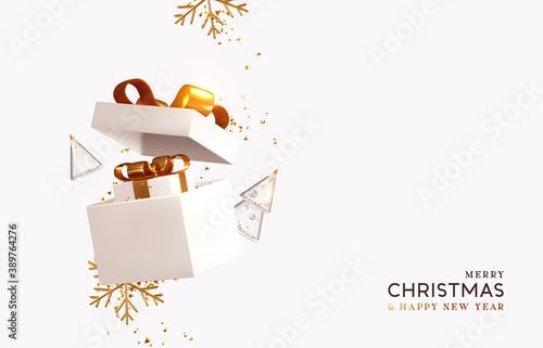 New Year and Christmas design. Realistic pink gifts boxes. Open gift box full of decorative festive object. Holiday banner, web poster, flyer, stylish brochure, greeting card, cover. Xmas background