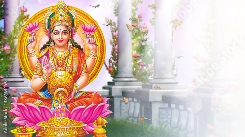 Laxmi Mata With Pot of Gold Coins falling from it on occasion of Diwali For Laxmi Puja
