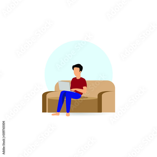 vector illustration of man working at home using laptop