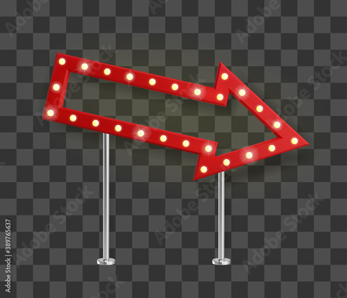 Realistic red arrow signage with yellow light bulbs pointed right and down. Show sign banner template with shadow. Vector illustration.