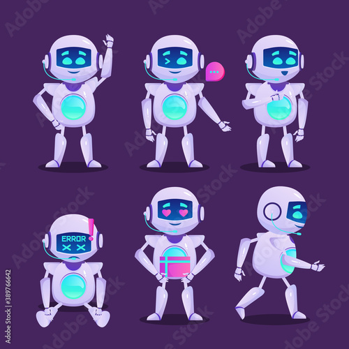 Cute robot character in different poses. Vector set of cartoon chat bot, funny electronic cyborg looks through magnifying glass, delivers mail, thinks about idea. Creative emoji set, smart mascot