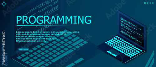 Programming or Software development web page template. Vector illustration with laptop isometric view and program code on screen. Programming concept. vector illustration