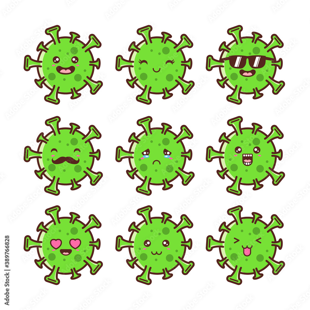 Obraz premium Corona-virus green emoticon vector set. Ncov covid19 corona virus flat cartoon icon and emoji with naughty and dizzy facial expressions isolated in white background. Vector illustration.