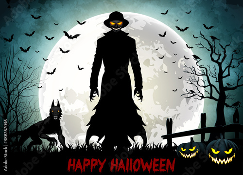 Halloween death with grim reaper  , wolf and pumpkins