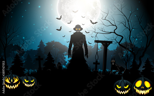 Halloween death with grim reaper  and pumpkins in the graveyard