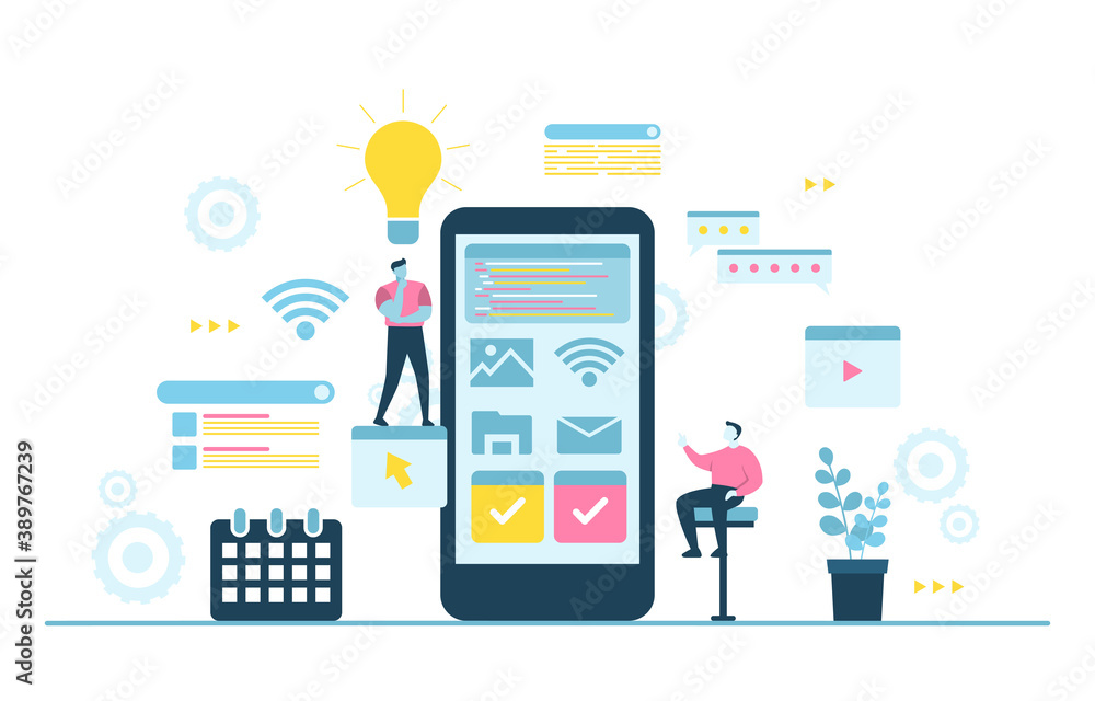 People Build Mobile App Development Process Flat Design Illustration People Build Mobile App Development Process Flat Design Illustration