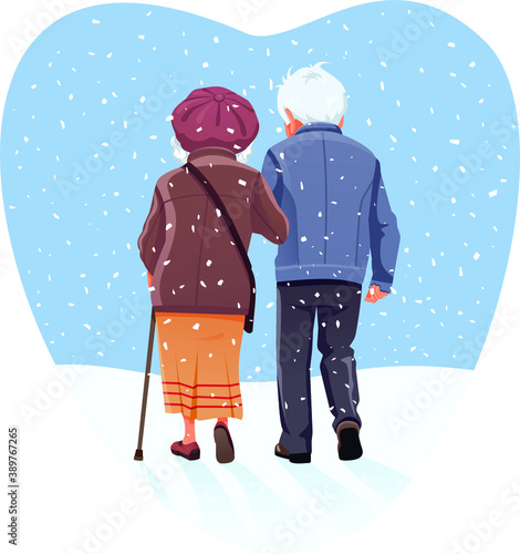  Senior Couple Walking Through Snow in Winter