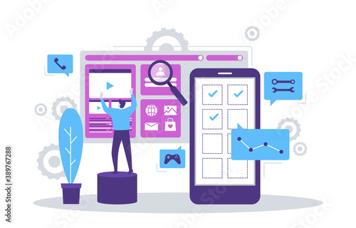 People Build Mobile App Development Process Flat Design Illustration