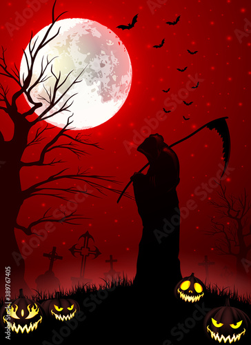 Halloween grim reaper holding scythe with pumpkins