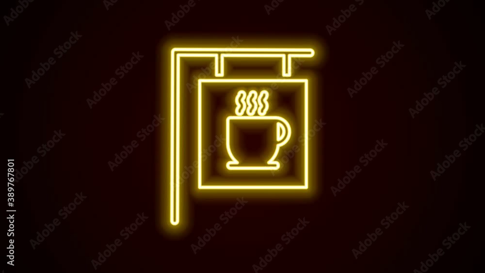 Glowing neon line Street signboard coffee icon isolated on black background. 4K Video motion graphic animation Glowing neon line Street signboard coffee icon isolated on black background. 4K Video motion graphic animation