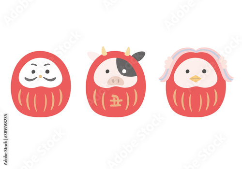牛とアマビエのダルマ、普通のダルマのイラスト