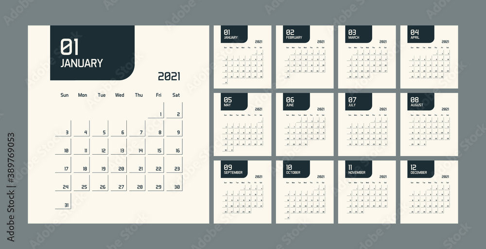 Modern minimal Calendar Planner Template for 2021. Vector design editable template Modern minimal Calendar Planner Template for 2021. Vector design editable template