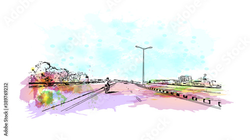 Building view with landmark of Chandigarh, the capital of the northern Indian states of Punjab and Haryana. Watercolor splash with hand drawn sketch illustration in vector. photo