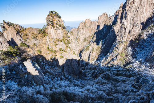 Beautiful view of rime in winter afternoon in Huangshan Scenic Area, Anhui, China