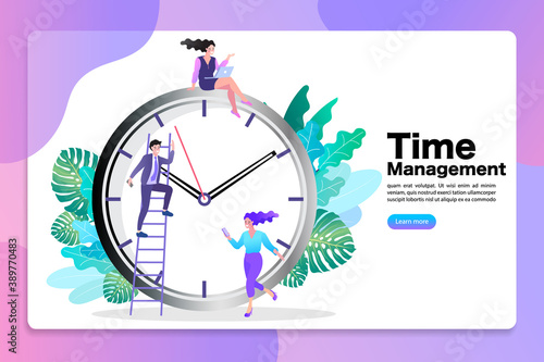 Collaborative time management and teamwork concept. A business team works together on a giant clock, organizing a schedule to meet project deadlines and improve their productivity.