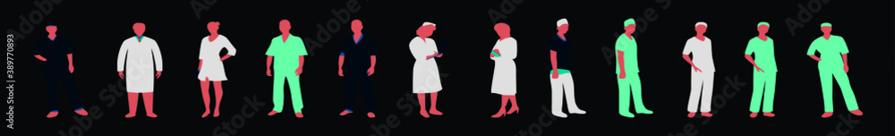 Obraz premium set of doctor and nurse cartoon icon design template with various models. vector illustration isolated on black
