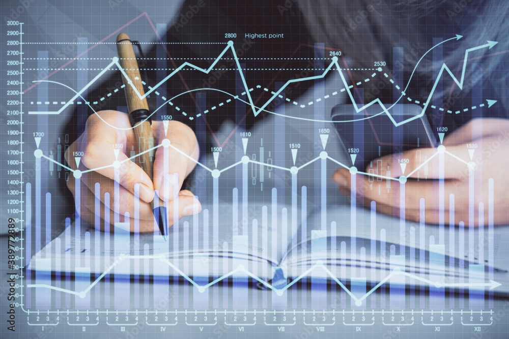 Double exposure of businesswoman hands typing on computer and forex graph hologram drawing. Financial analysis concept. Double exposure of businesswoman hands typing on computer and forex graph hologram drawing. Financial analysis concept.