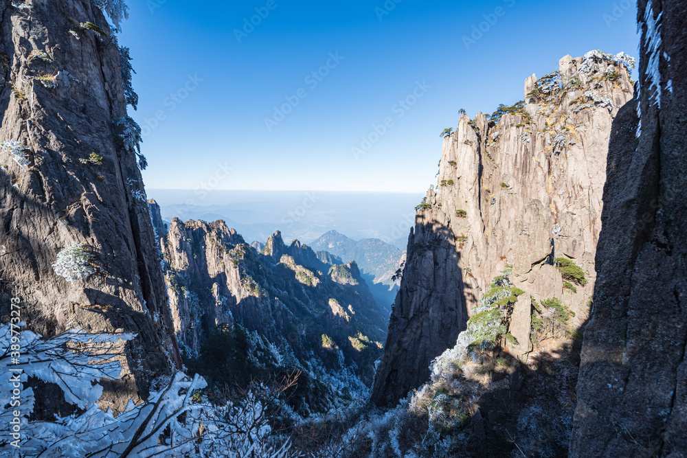 Beautiful view of rime in winter afternoon in Huangshan Scenic Area, Anhui, China