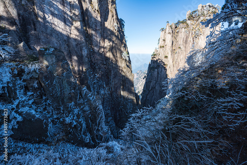 Beautiful view of rime in winter afternoon in Huangshan Scenic Area, Anhui, China