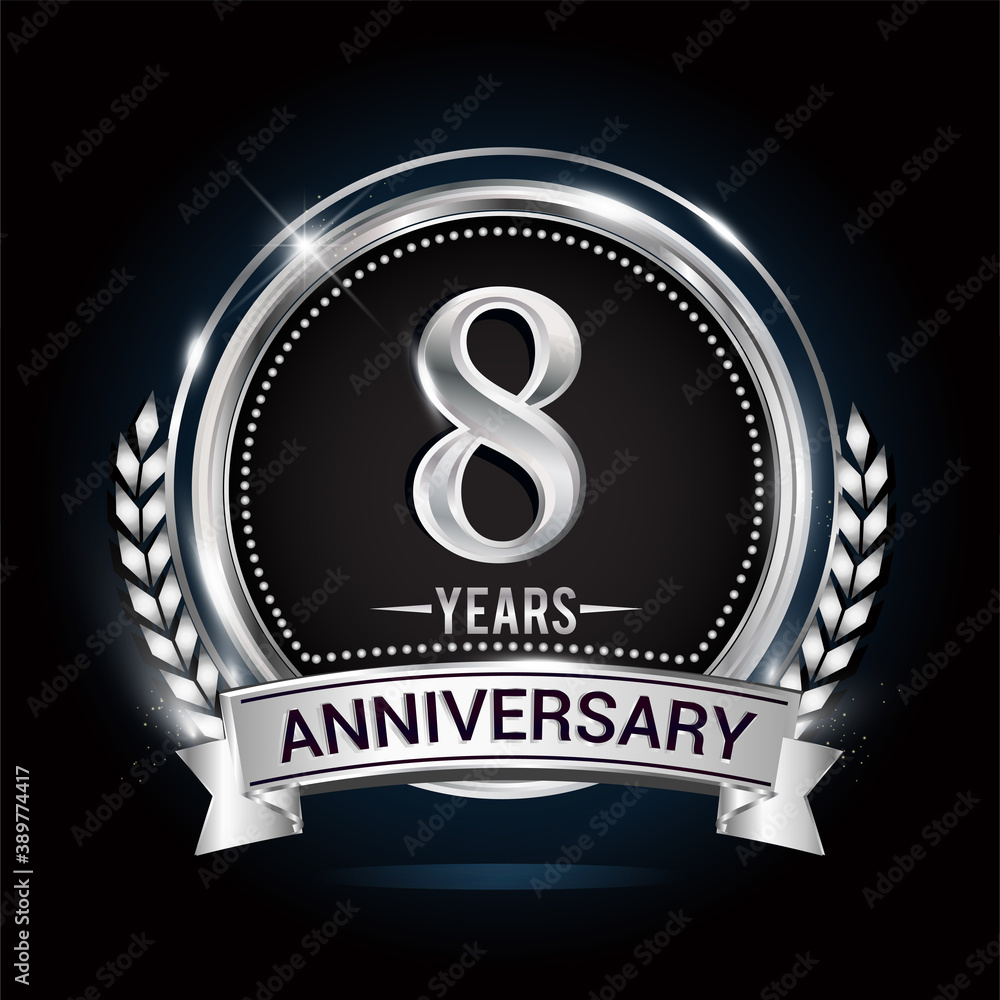 8th silver anniversary logo with laurel wreath, ribbon and silver ring. vector design 8th silver anniversary logo with laurel wreath, ribbon and silver ring. vector design
