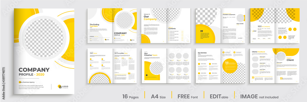 Plakat Corporate business brochure template layout, company brochure design, multipage design with yellow shapes,