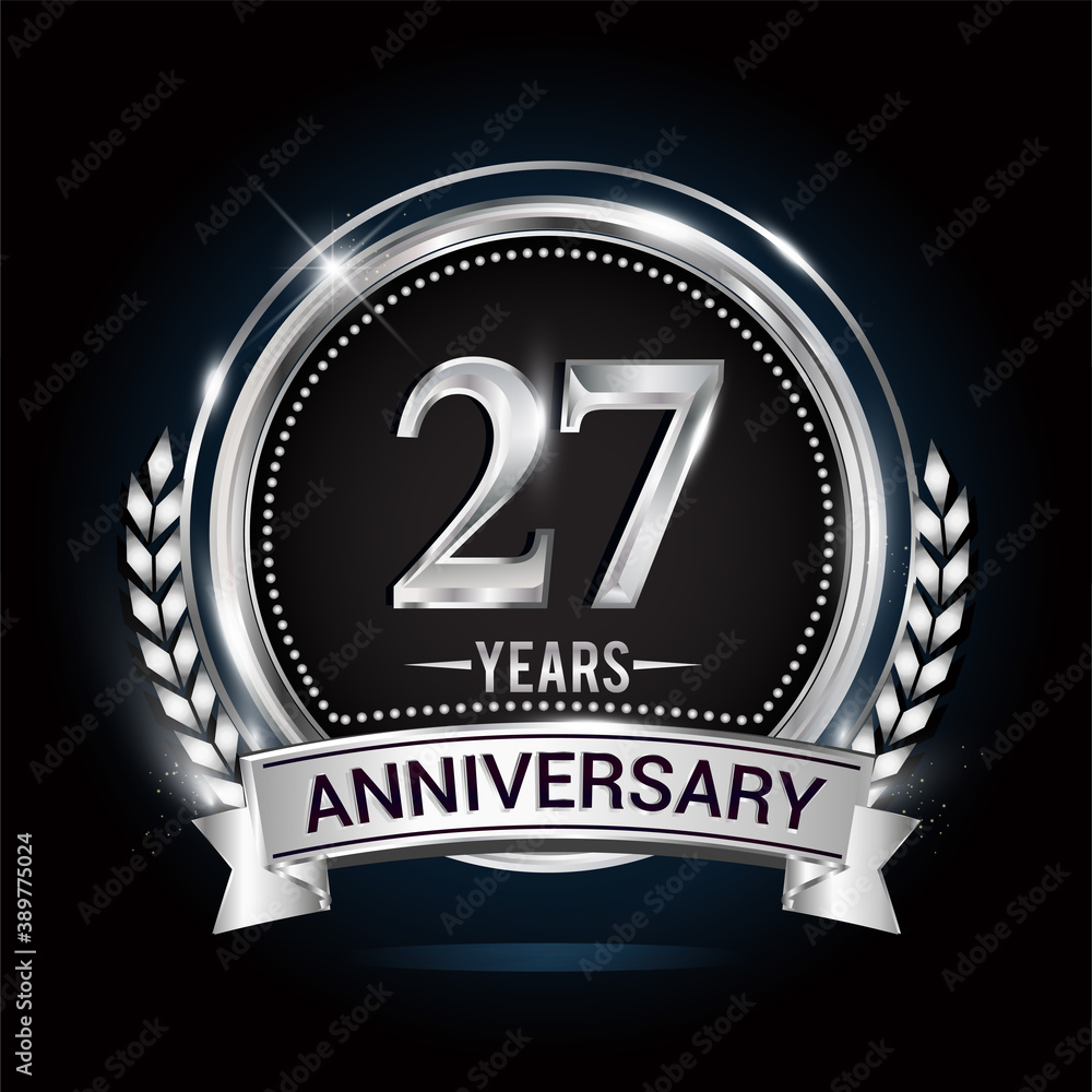 27th silver anniversary logo with laurel wreath, ribbon and silver ring. vector design 27th silver anniversary logo with laurel wreath, ribbon and silver ring. vector design