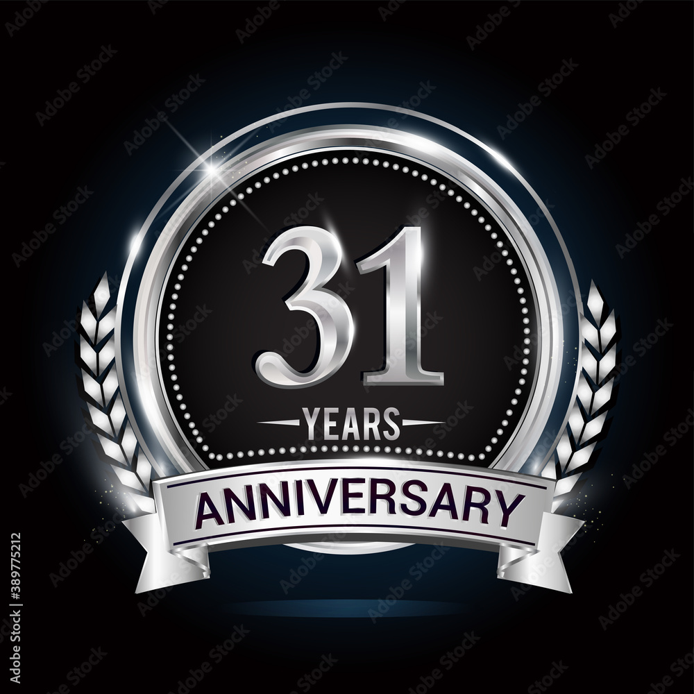 31st silver anniversary logo with laurel wreath, ribbon and silver ring. vector design 31st silver anniversary logo with laurel wreath, ribbon and silver ring. vector design