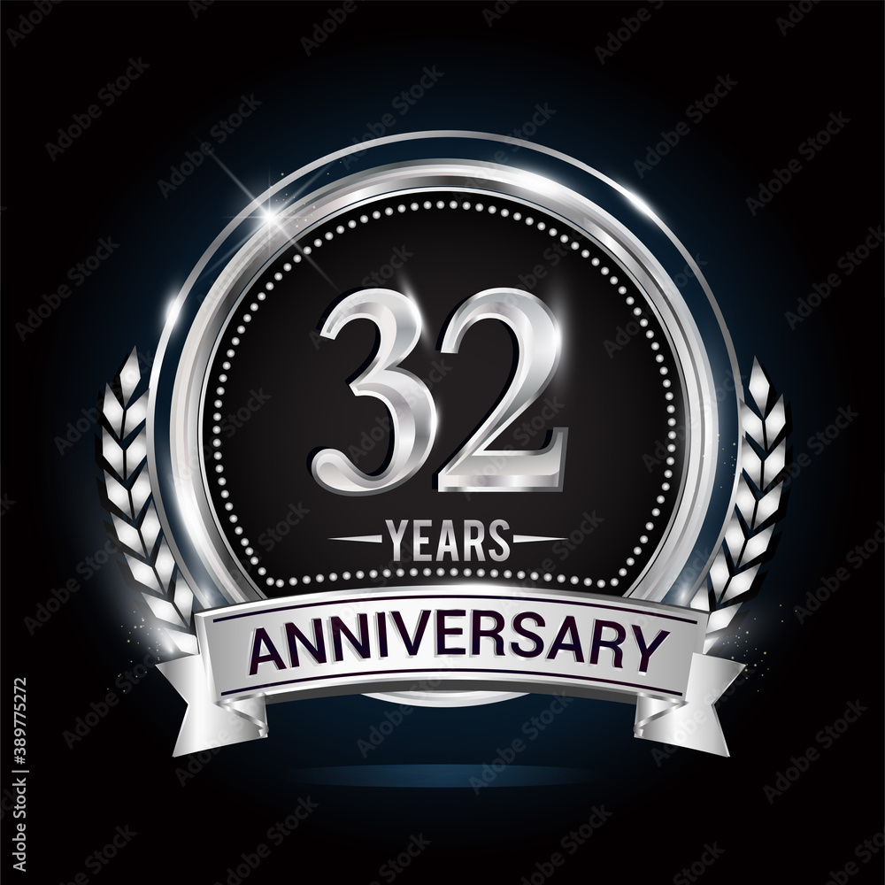 32nd silver anniversary logo with laurel wreath, ribbon and silver ring. vector design 32nd silver anniversary logo with laurel wreath, ribbon and silver ring. vector design