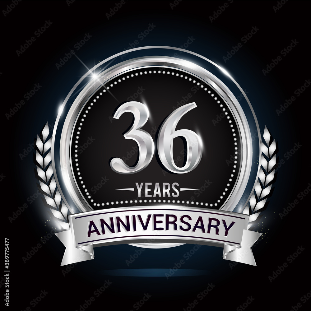 36th silver anniversary logo with laurel wreath, ribbon and silver ring. vector design 36th silver anniversary logo with laurel wreath, ribbon and silver ring. vector design