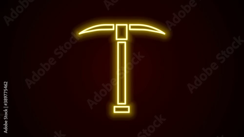 Glowing neon line Pickaxe icon isolated on black background. 4K Video motion graphic animation