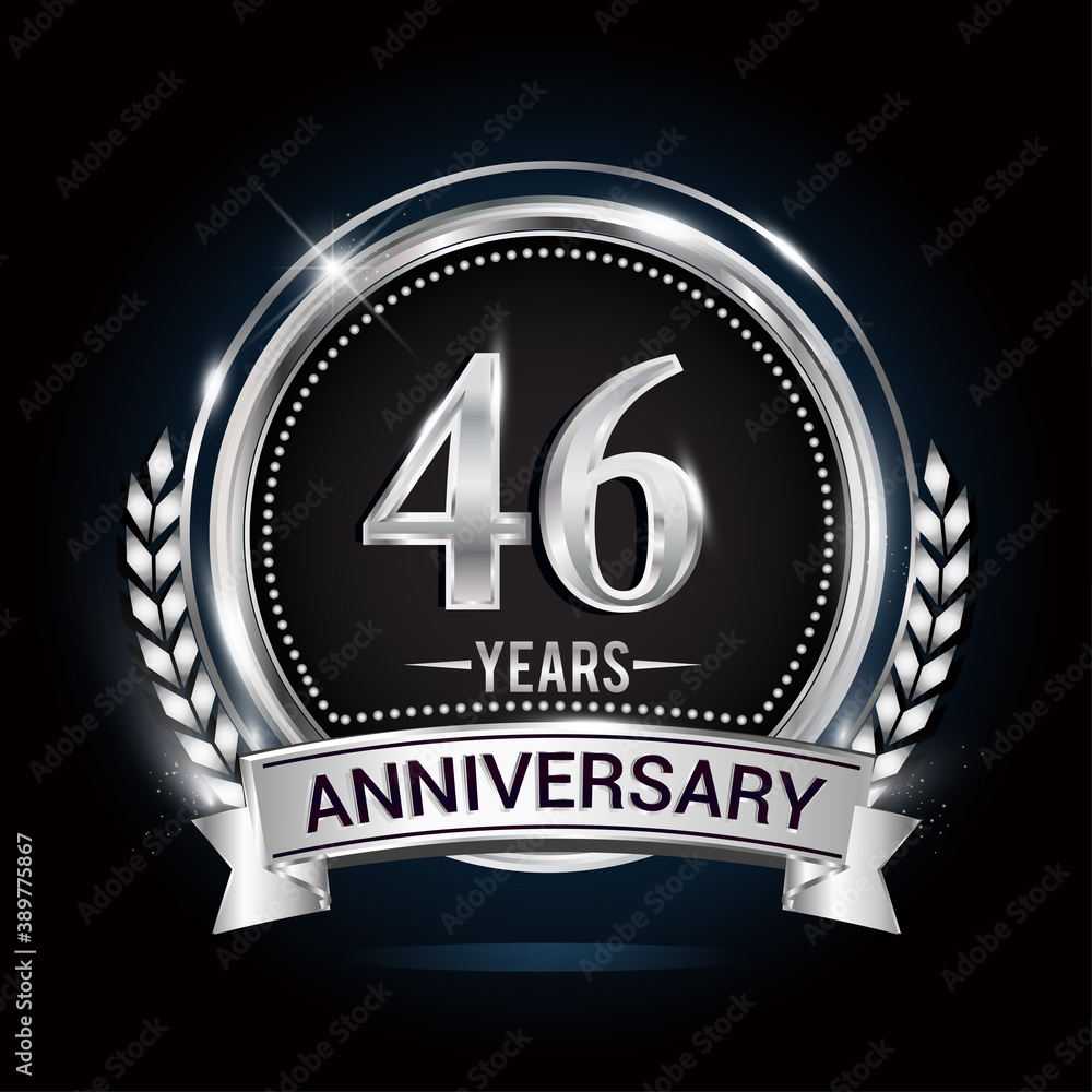 46th silver anniversary logo with laurel wreath, ribbon and silver ring. vector design 46th silver anniversary logo with laurel wreath, ribbon and silver ring. vector design