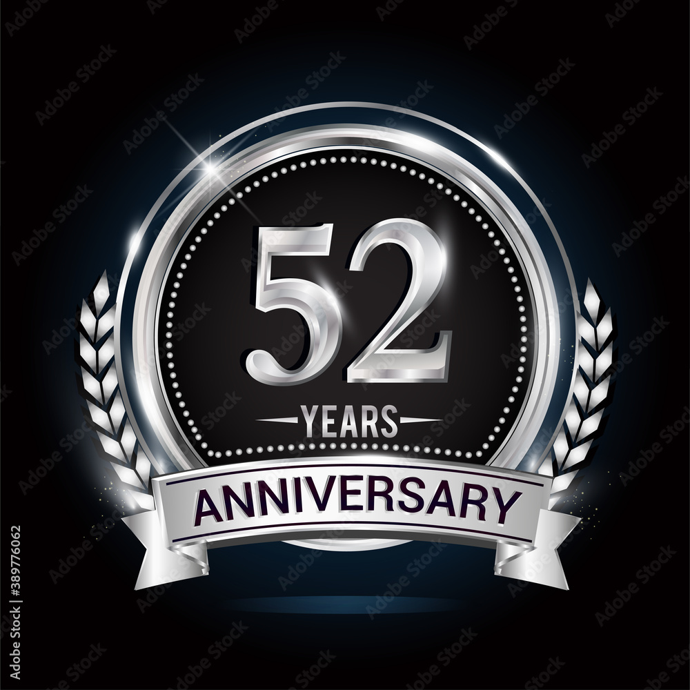 52nd silver anniversary logo with laurel wreath, ribbon and silver ring. vector design 52nd silver anniversary logo with laurel wreath, ribbon and silver ring. vector design