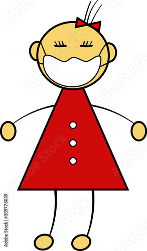 Girl in medical mask and red dress, flat and primitive vector draw