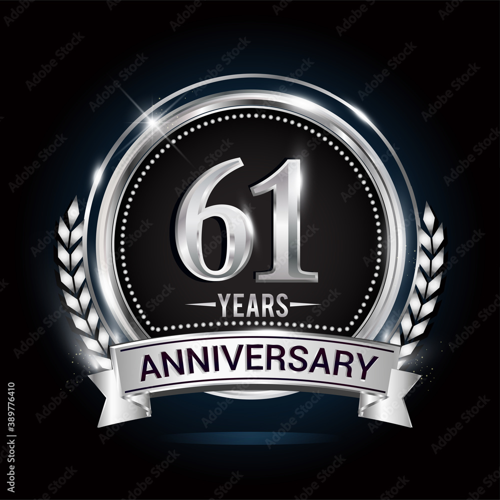 61st silver anniversary logo with laurel wreath, ribbon and silver ring. vector design 61st silver anniversary logo with laurel wreath, ribbon and silver ring. vector design