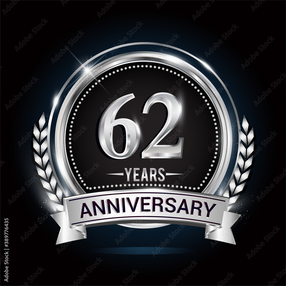 62nd silver anniversary logo with laurel wreath, ribbon and silver ring. vector design 62nd silver anniversary logo with laurel wreath, ribbon and silver ring. vector design
